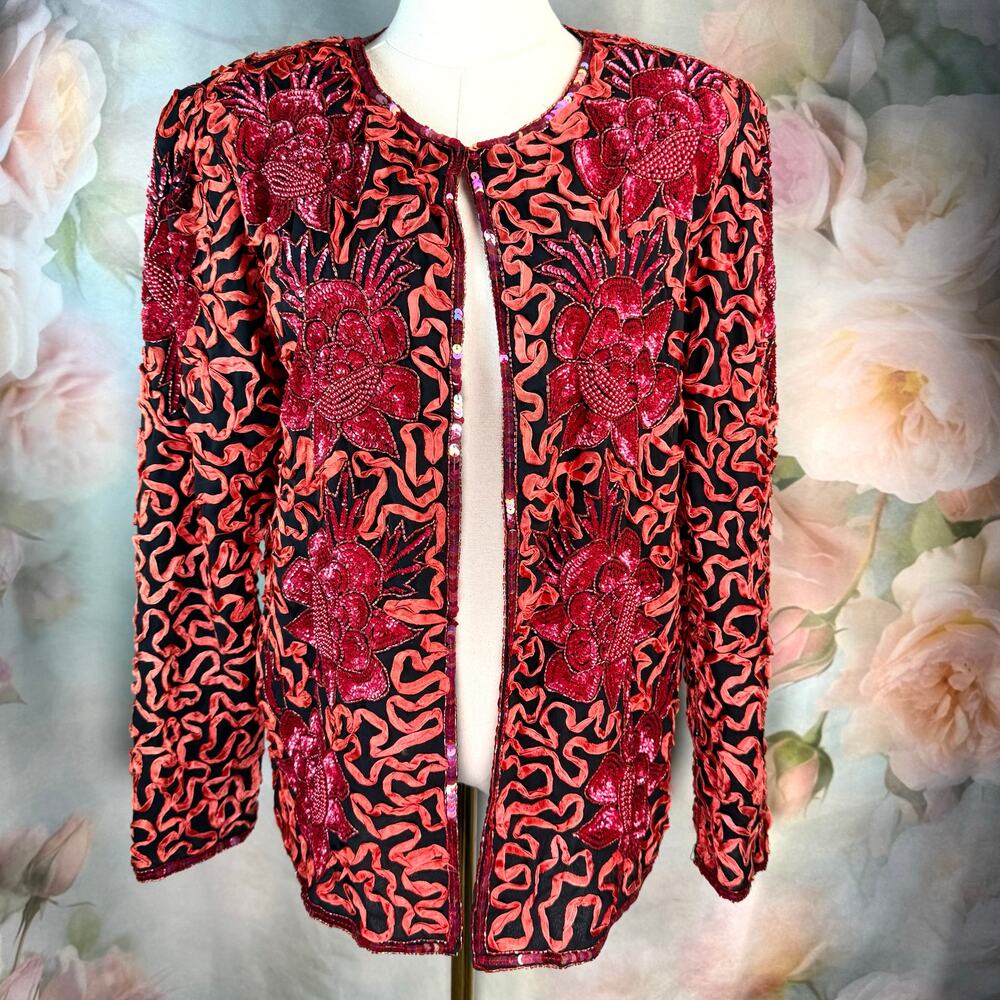 Vintage Aries On Knob Hill 100% Pure Silk Floral Sequin Beaded Abstract Jacket